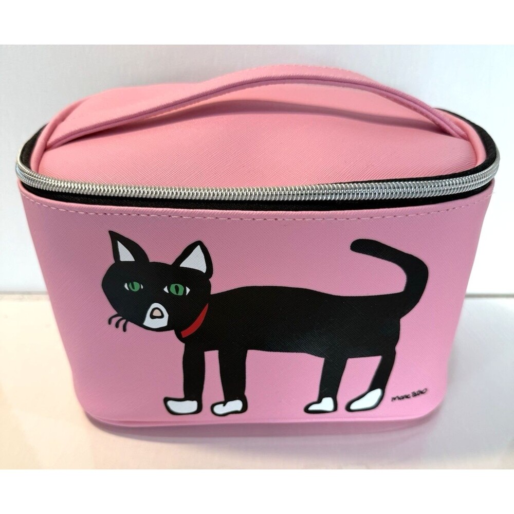 Marc Tetro Black Cat Cosmetic Makeup Bag Pink Retro Travel Zippered Kitten
